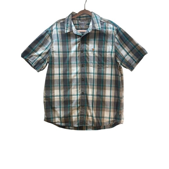 Carhartt Green and Brown Plaid Men's Short Sleeved size Large Button Down Shirt - Picture 7 of 11
